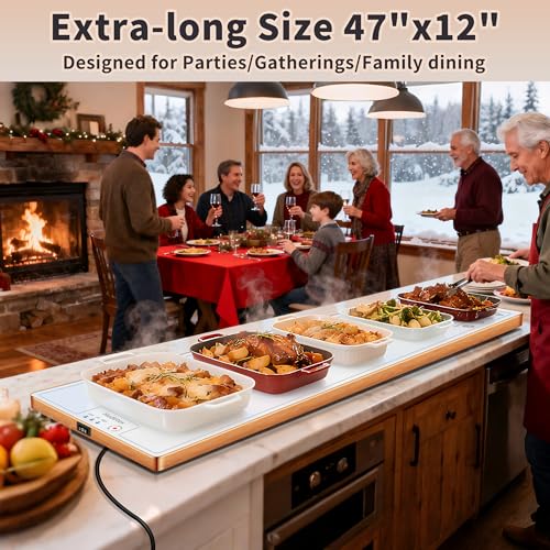 Image of Warming Mat for Food (Extra Long 47 inchx12 inch), Warming Trays for Buffets Party & Daily Use, Temperature Control Food Warmer, Full Surface Warm Tempered Glass Food Warming Mat, White Electric Warming Tray