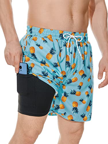 Century Star Mens Swim Trunks with Compression Liner Quick Dry Bathing Suits with Pockets Swim Shorts Pale Blue Pineapple Medium