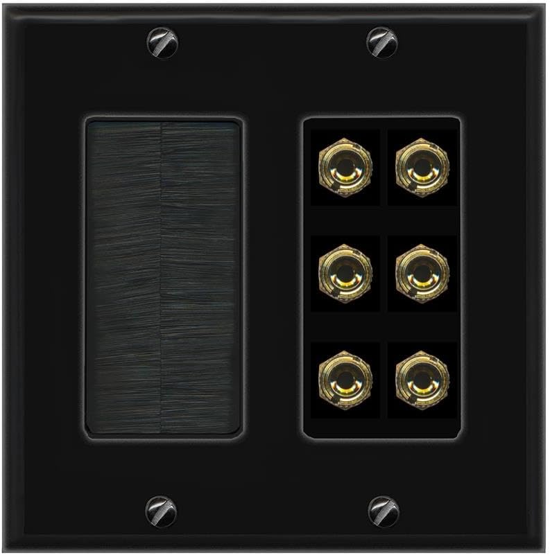 RiteAV 6 Banana 3 Speaker Surround Female Coupler Binding Post Wall Plate - Brush [Screwless White]