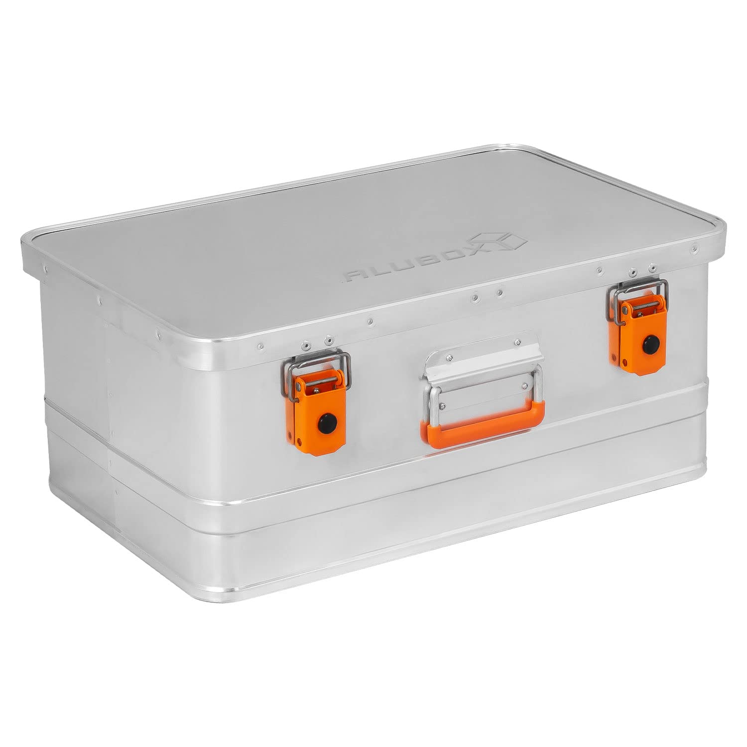 Alubox Werkzeugtruhe Werkzeugkoffer EASY 40 Liter silber Alu glänzend - orange Schnallen - Frontgriff - Außenmaße L 56 x B 37,5 x H 24 cm
