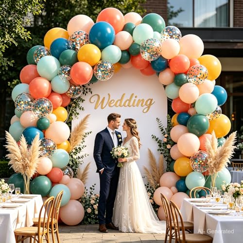 Image of Zesliwy Boho Rainbow Balloons,50pcs 12inch Assorted Colors Retro Orange Yellow Blue Balloon Teal Blue Blush Light Orange Balloon Colorful Confetti Balloon for Birthday Wedding Sunshine Party Decor