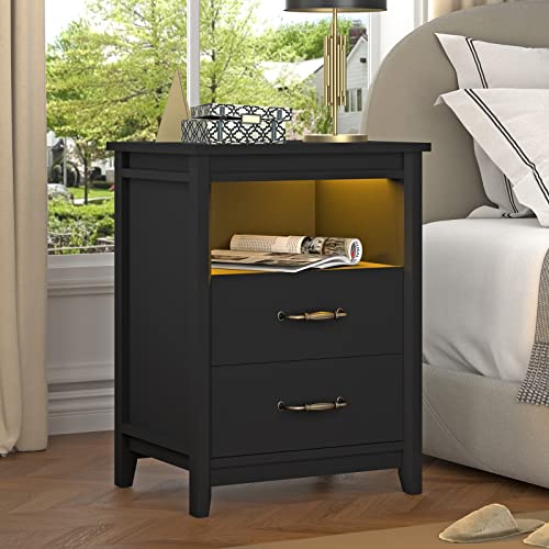Ikeno Nightstand With Led Lights And Charging Station, 2 Drawers End Table Bedside Table For Bedroom (Black) #TOP7