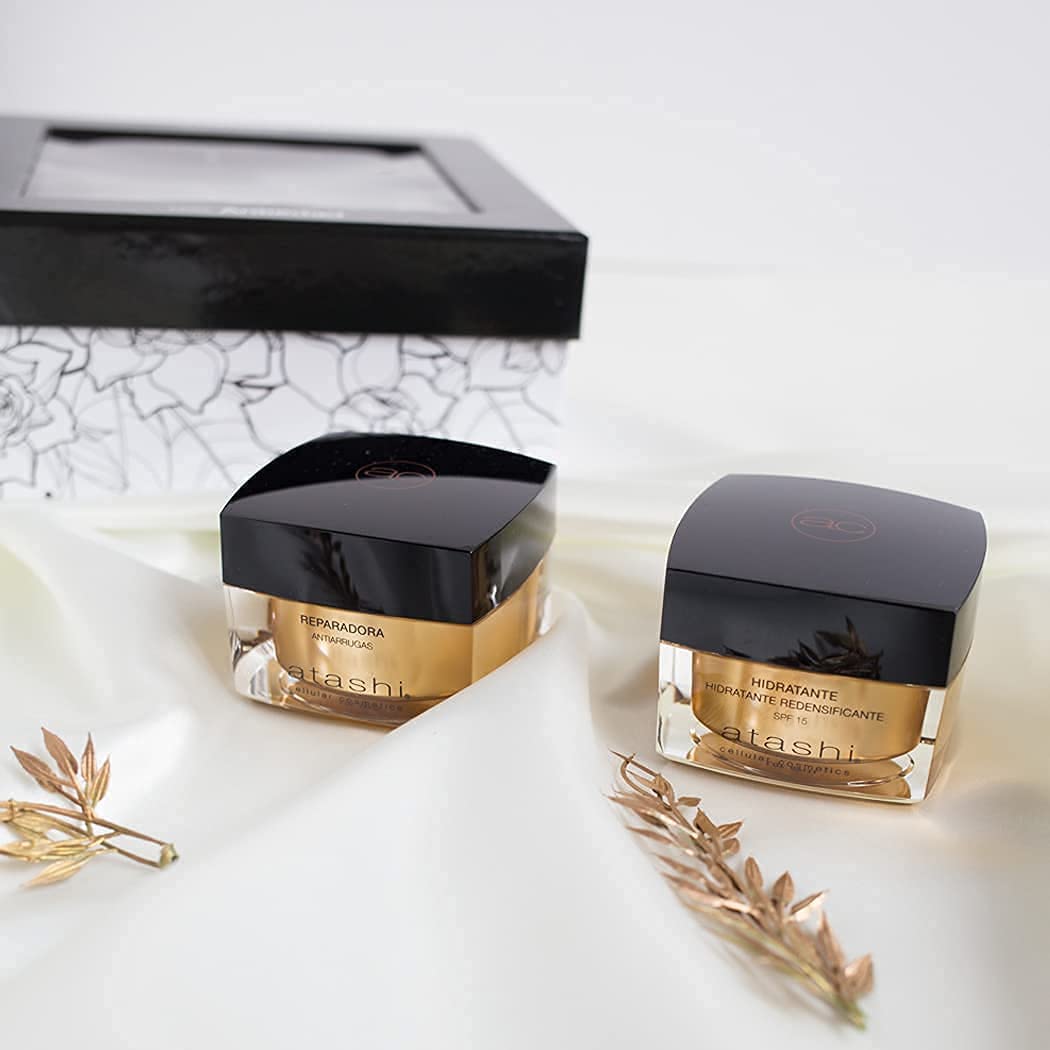 Atashi | Cofre Ritual Hidrata y Repara | Crema Hidratante Redensificante SPF15 + Crema Reparadora Antiarrugas | Con Gardenia, Perla Negra, Retinol y Spilanthol Activo | 50 ml + 50 ml