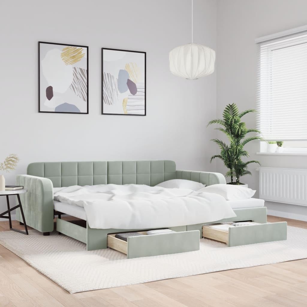 Łóżko dzienne wysuwane z szufladami, jasnoszare, 90 x 200 cm, aksamitna tapicerka, uniwersalna sofa do spania z miejscem do przechowywania do sypialni, wytrzymała rama łóżka