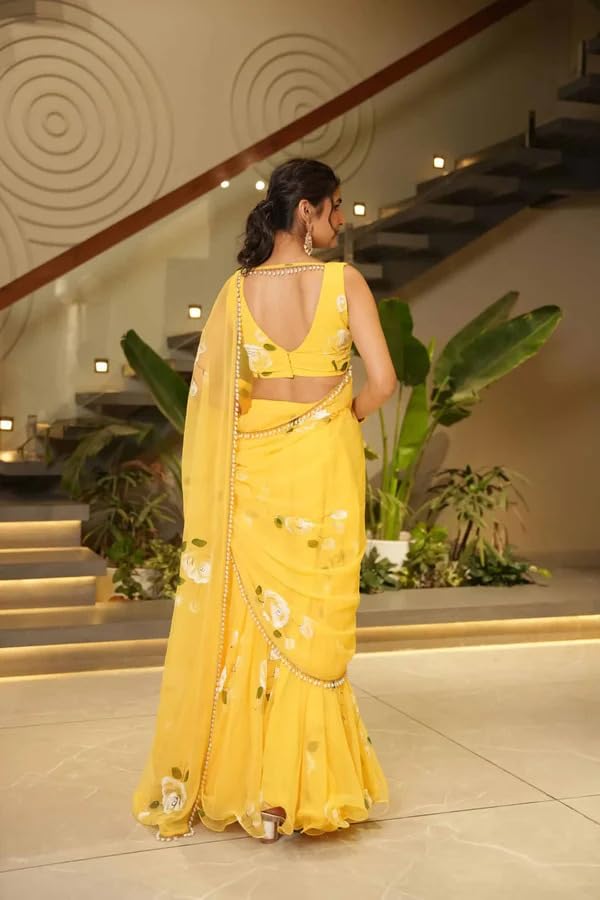 Image of Women's Floral Print Ruffle Saree, Yellow, Soft Georgette, with Blouse Piece, Party & Festive, Wear