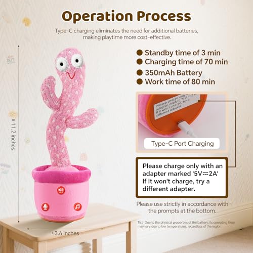 Image of Rechargeable Dancing Talking Cactus Toy for Baby Toddlers, Singing Cactus Toy with Adjustable Volume, Mimicking, Recording & Singing, Soft Plush Baby Sensory Toys for Girls Boys