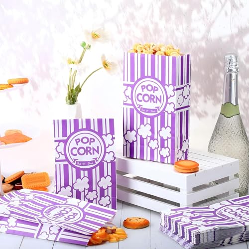 Image of Leinuosen 500 Pcs Paper Popcorn Bags Bulk 2 oz Large Flat Bottom Boxes Disposable Container Sleeve Movie Night Popcorn Bucket for Retro Movie Themed Party Carnival Supplies (Purple)