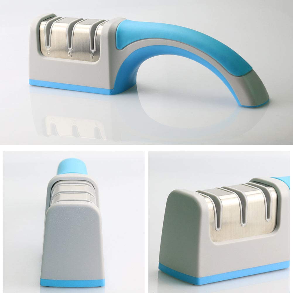 DUYER Affilacoltelli da Cucina, Temperamatite Manuale A 3 Stadi Resistente all'Usura Risparmia Sforzo Antiscivolo Design Dell'Impugnatura di Facile Presa Ergonomico Blue