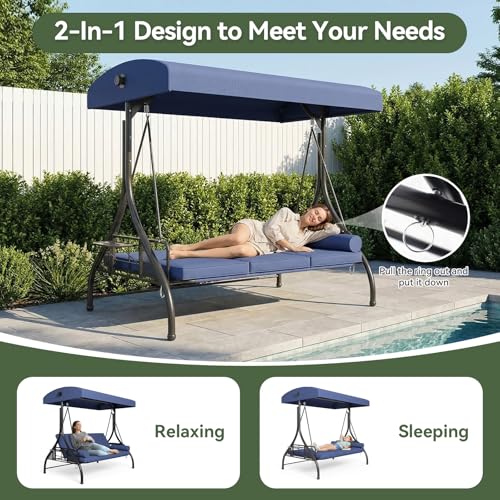 Image of Aoxun Outdoor Porch Swing with Stand and Canopy, 3 Seats Outdoor Swings for Adults, Convertible 2 in 1 Swing Bed with Cup Holder, Patio Swings with Thicken Cushions for Garden, Yard & Balcony, Blue