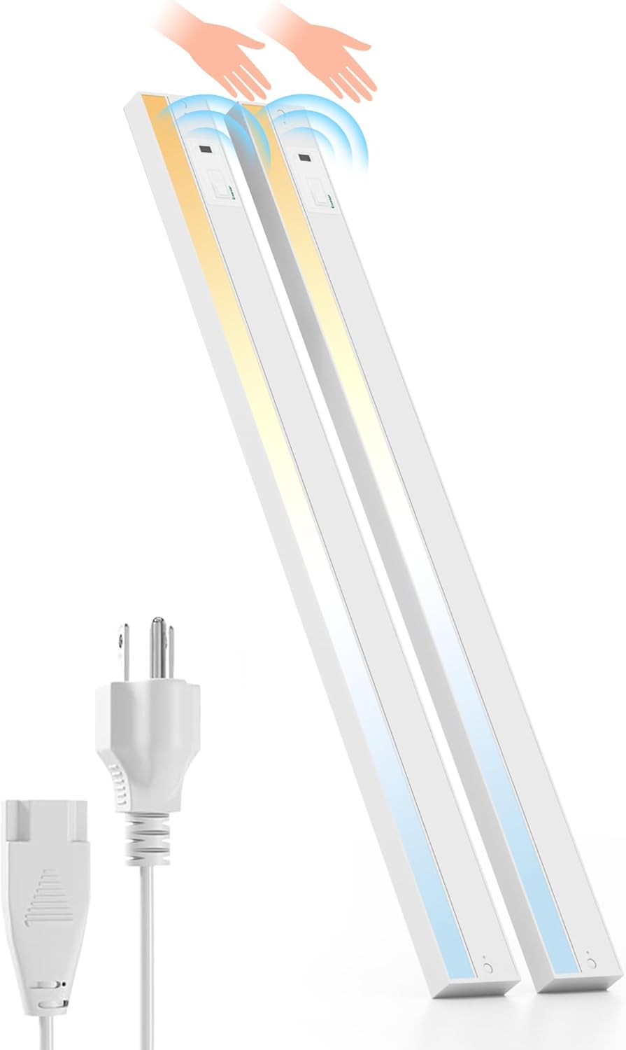 Ensenior 32 Inch Hand Wave LED Under Cabinet Lighting Plug in or Hardwired with Dimmable 5CCT CRI 90+ 2.4G Wireless Sync, Under Counter Lights with for Kitchen, 120V, 18W 1100LM, 2 Pack 2 Pack 32 Inch