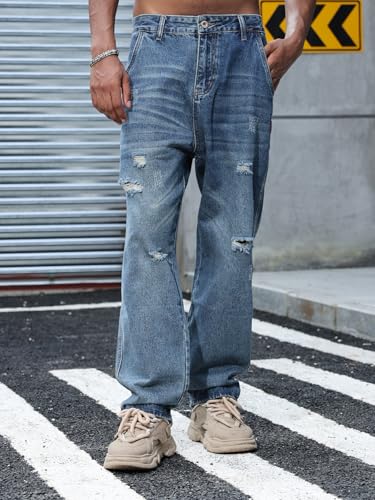 Mens Ripped Jeans Relaxed Fit Straight Leg Y2K Denim Pants Hip hop Streetwear Trousers Dark Blue3