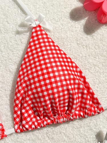 Women's 2 Piece Y2K Gingham Print Bow Front Bikini Halter Tie Bikini Set Triangle Set Beachwear Swimsuit Bathing Suit3