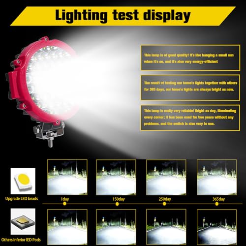 7 INCH Round LED Light Bar MUVKQC 201W Off-Road Driving Lights 21000lm LED Work Lights Pod with Wiring Harness for Pickup SUV ATV UTV Trucks Tractor (4PCS 201W Red+2 Set 2-Lead Wiring Harness)