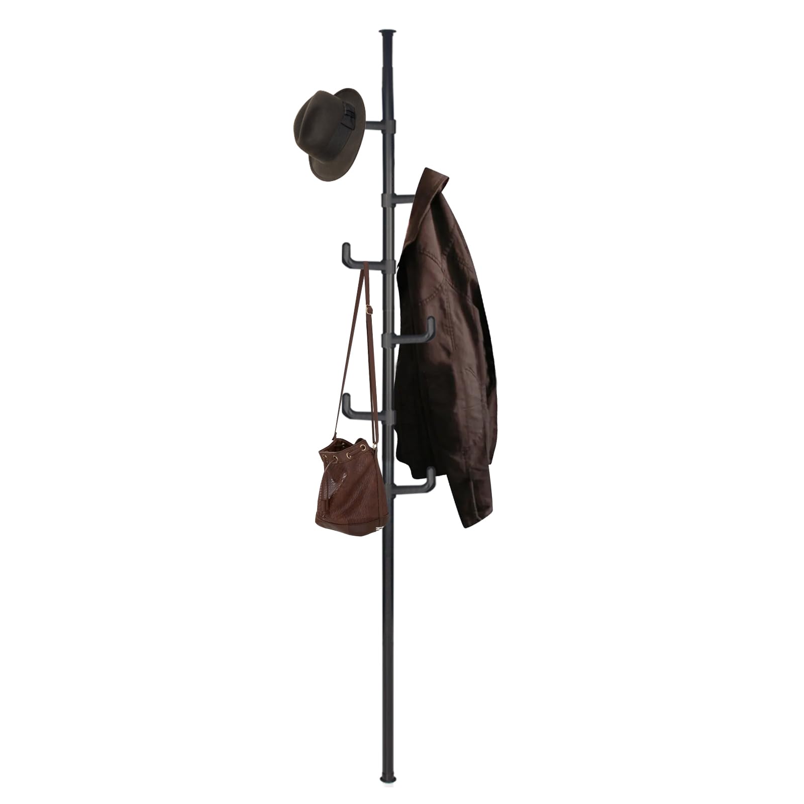 Coat Rack Freestanding with 6 Hooks, 65 to 124 inch Adjustable Tension Rod Coat Hanger for Entryway, Living Room, Bedroom, Metal Coat Tree Hanger for Hanging Clothes, Jacket, Hats, Bags, Black