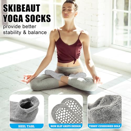 Image of SkiBeaut Grips Non Slip Socks for Women, 4 Pairs Yoga Pilates Anti Skid Woman Hospital Gripper Socks (5-12)