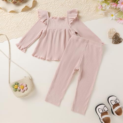 Toddler Girl Fall Winter Outfit Sets Flutter Long Flare Sleeve Smocked Top Stretchy Trousers Knitted Clothing 2-6Y4