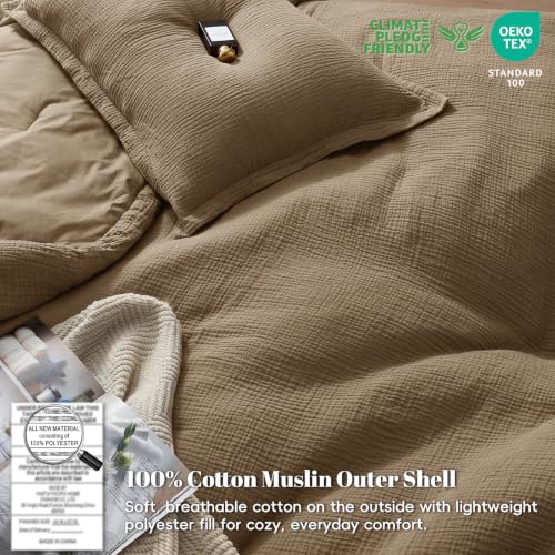 Image of PHF Cotton Muslin Comforter Set Twin, Ultra Soft Breathable, Mocha