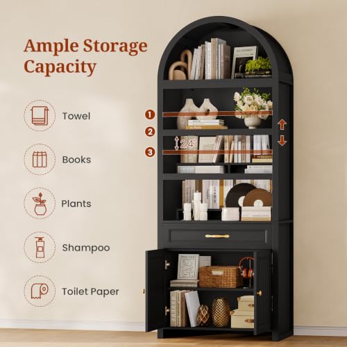 2 Pcs 84.2" Tall Arched Cabinets,Bookcase with Drawer storage,Mid-Century Modern 6-Tier Bookshelf, 2 Book Risers and Adjustable Shelves offering more storage space for Living Room,Kitchen, Black - Image 4