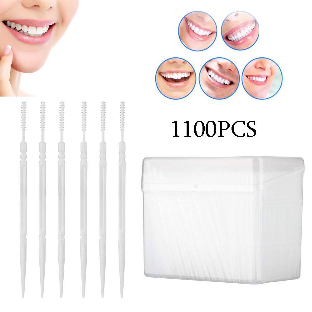 Lot de 1100 cure-dents jetables en plastique avec étui transparent - Brosse interdentaire souple double tête vert