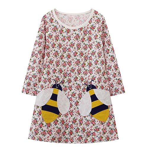 Toddler Girl Long Sleeve Dress Spring Easter Floral Bee Cotton Casual Playwear Shirt Clothes 2T