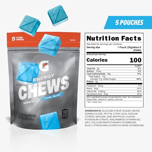 Image of Gatorade Energy Chews, Cool Blue, Caffeine Free, B12, 100 Calorie Pouches, (5 Pack)