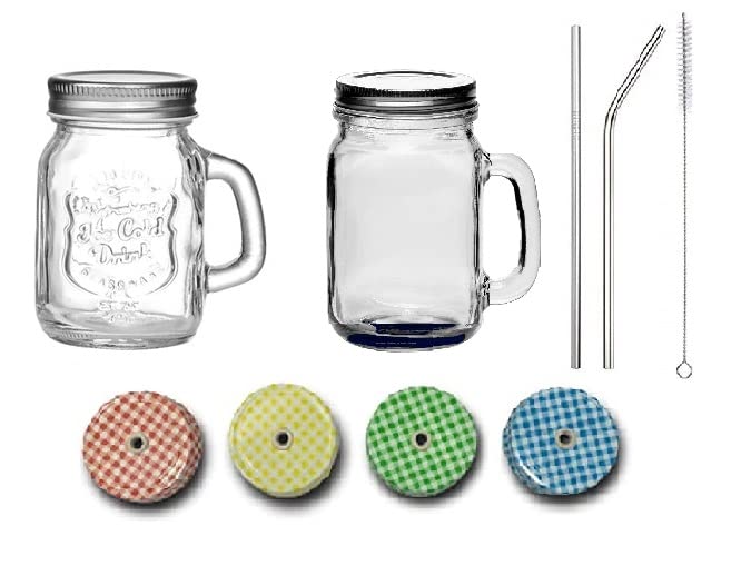 Image of SAVE Assorted Mason Jars with Straight and Bent Stainless Steel Straws and 2 Lids, with handle | Lid without Hole | and Free Lid with Hole | Airtight Lid | Transparent Glass | 450 ml | Multicolour Lid with Hole | Handle Mason Jar(Mix Straws)