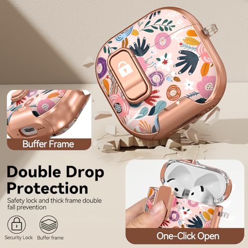 Image of for AirPods 4 Case, with Safty Lock & Phone Stand for Floral AirPods 4th Generation Case Cover for Women Girly, iPod 4 Case with Keychain & Cleaner Kit - Pink Berry Flower