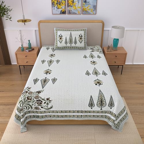 Image of 100% Cotton Single Bedsheet with 1 Pillow Cover | 240 TC Pure Cotton Flat Bed Sheet | Traditional Jaipuri Printed Bedding Set | Soft & Breathable | 60 x 90 Inch (Rangmahal Single 50)