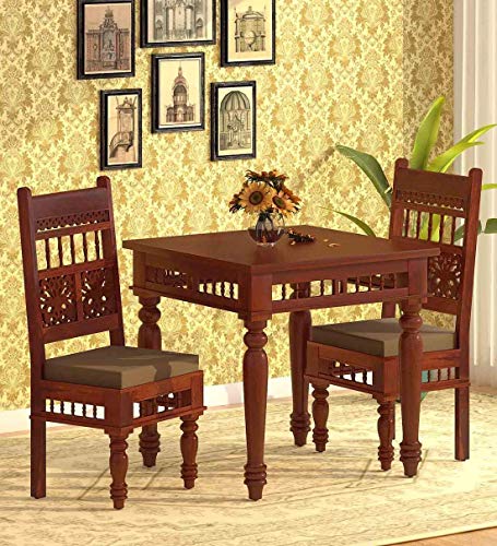 Image of Jangid Handicraft Solid Sheesham Wood Dining Table 2 Seater | Wooden Two Seater Dinning Table with 2 Chairs for Home | Chairs with Cushion | Dining Room Sets for Restaurants | Rosewood, Brown Finish