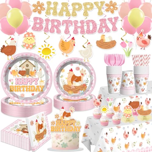 Xynic 213pcs Chicken Birthday Decorations Convenient Disposable Tableware Set Includes Waterproof Tablecloths 350gsm Plates Centerpieces and Banner Chicken Party Decorations Serve 25