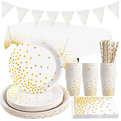 Yidaxing Weiß und Gold Partygeschirr, Abbaubar Golden Dot Partyteller Set Enthält Servietten Pappbecher Banner Tischdecke für Brautdusche Verlobung Hochzeit Geburtstag Weihnachten, 24 Gäste