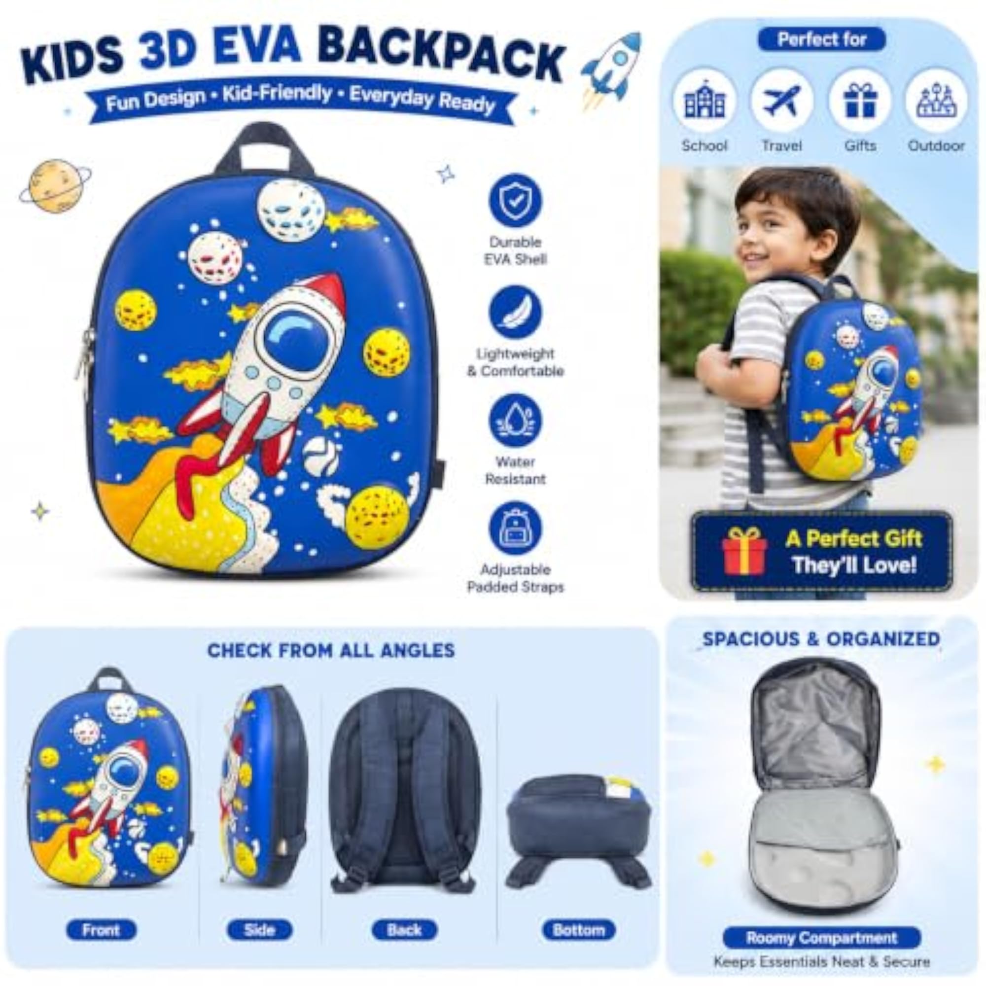 3D EVA Kids Backpack for Boys & Girls, Space Rocket Design