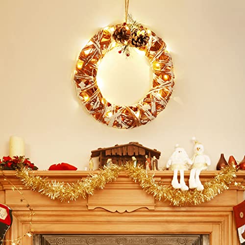 Shinowa Lámpara Decorativa de Navidad Colgante, Decoración Navideña de Corona con LED Luces Cuentas Rojas para Navidad Nochebuena, Adorno Navideño para Chimenea Exterior Dormitorio, Marrón Amarillento Cover