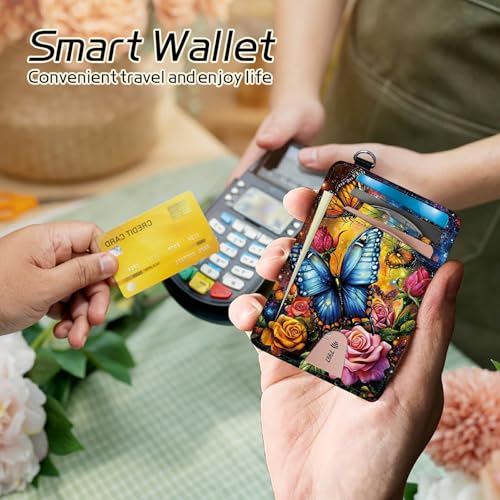 Small Travel Wallets, Color Butterfly Rose Slim Minimalist Front Pocket Wallet with Wristlet, RFID Blocking PU Leather Credit Card Holder with ID Window Change Purse for Men Women4