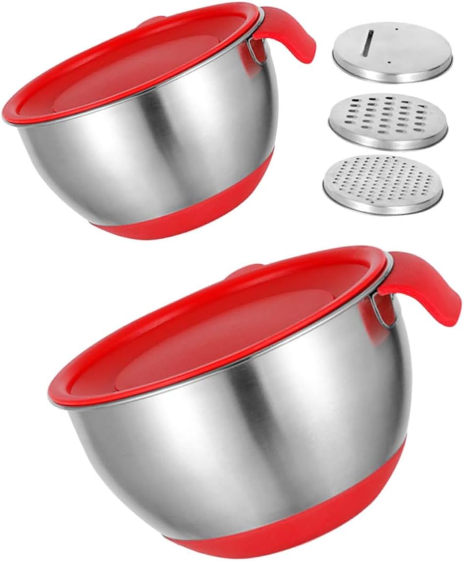 Stainless Steel Salad Mixing Bowls with Silicone Base and Red Handles 18cm 20cm Food Mixing Bowls Set with Lids and Shredders Multi-function Kitchen Serving for Home Cooking