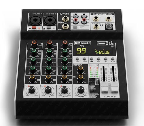Image of Dabeatz Professional 4 Channel Mixer | XLR + TRS + 6.35MM Input Ports | USB MP3 & BT Support |Delay & Repeat FX | Stereo Output |48V Phantom Power | Stereo Control Room, Headphone, Aux, EFF,99 DSP