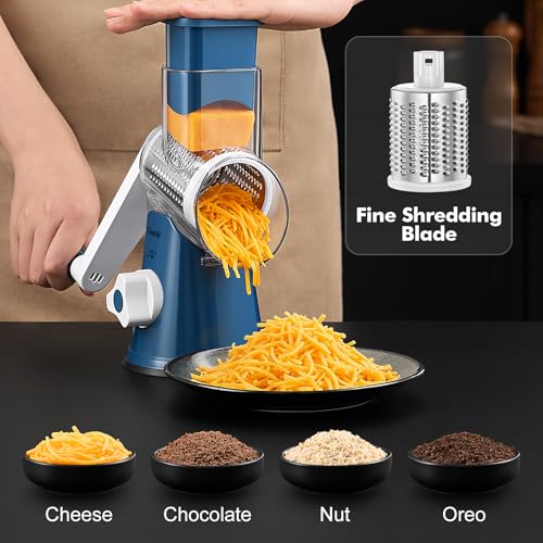 Image of Geedel Rotary Cheese Grater, Kitchen Mandoline Vegetable Slicer with 3 Interchangeable Blades, Easy to Clean Rotary Grater Slicer for Cheese, Vegetables, Nuts