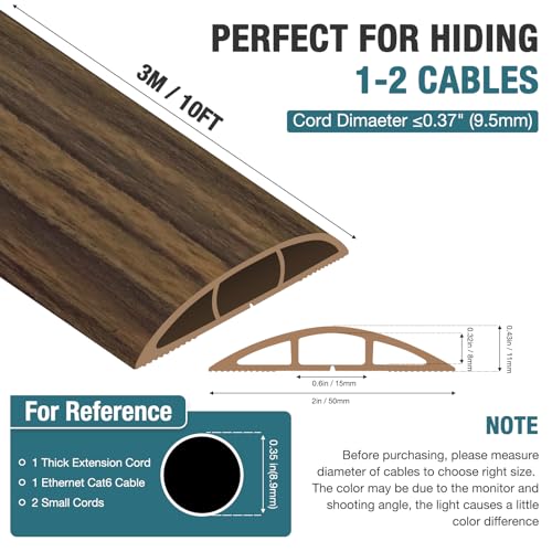 Image of Floor Cord Cover, Cable Protector, 0.63W x 0.31H inches, Wire Cover for Extension Cords, Floor Cable Covers Prevent Cable Trips (Wood Walnut, 50-10 Feet)
