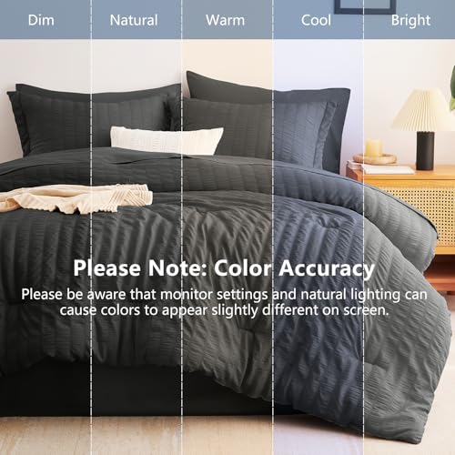 Image of CozyLux Oversized Queen Comforter Set with Sheets, 7 Pieces 98 inchx98 inch Dark Grey Seersucker Bed in a Bag, Dark Gray Bedroom Bedding Sets with Down Alternative Comforter, Sheets, Pillowcases & Shams