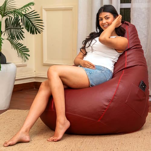 Image of Sattva Classic Piping XXXL Bean Bag with Pocket Filled with Beans | Faux Leather Teardrop Bean Bag for Adults & Teens | Pre-Filled Comfortable Seating for Bedroom, Living Room - Tan with Red Piping