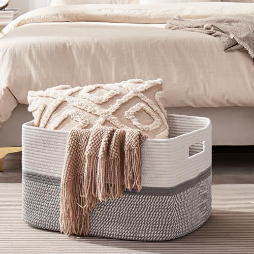 Image of OIAHOMY Large Blanket Basket, 22 inchx17 inchx12 inch Rectangle Woven Baskets, Nursery Blanket Storage Living Room, Toy Storage With Handle, Large Baskets for Organizing-Grey /White