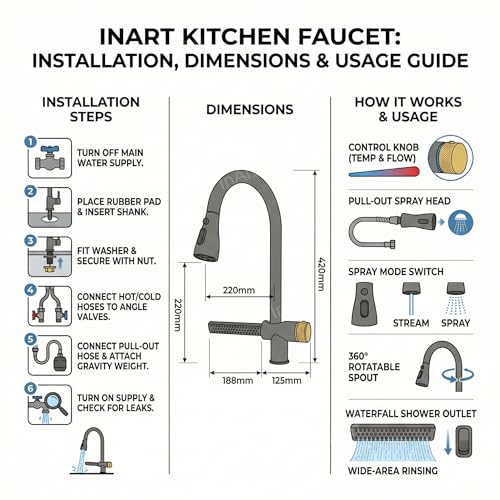 Image of InArt Brass Waterfall Kitchen Sink Mixer Tap /Faucet 360 Rotatable Pull Out Kitchen Faucet Multi-Function (Grey Black)