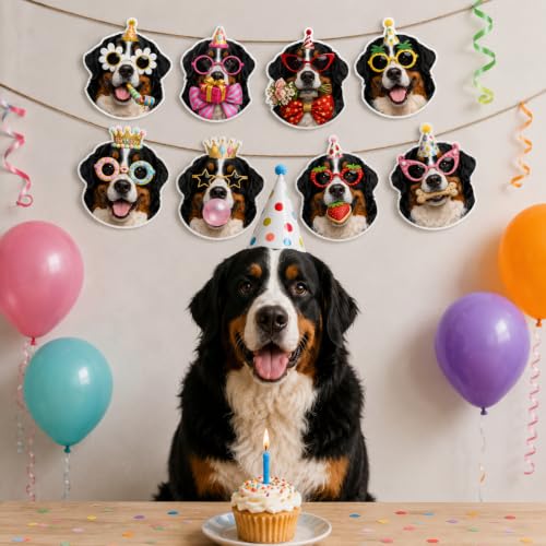 Image of Bernese Mountain Dog Birthday Banner, Berne Dog Party Decorations Garland | 8 Unique Berner Faces, Easy to Hang
