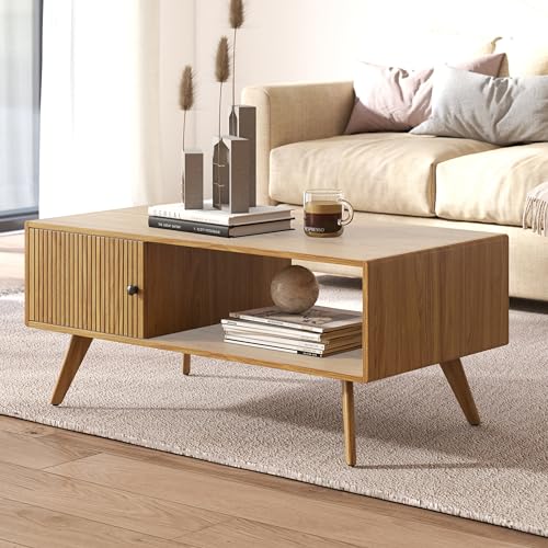 Manora Table Basse Bois, Scandinave Table Moderne Table Basse avec Rangement Table Salon, Pas de Coins, Facile à Monter, Très Solide, 105cm x 55cm x 45cm (chêne)