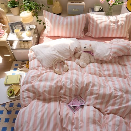 Image of EAVD Retro Pink Vertical Striped Duvet Cover Full Soft Washed Microfiber Boho Pink and White Striped Bedding Set with 2 Pillowcases Farmhouse Reversible Geometric Duvet Cover with Zipper Closure