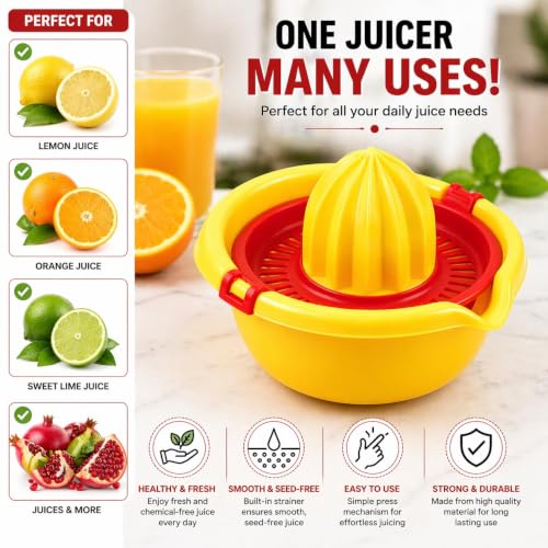 Image of Premium Manual Citrus Juicer with Strainer | Lemon Squeezer & Orange Juicer | Hand Press Juicer with Seed Separator & Juice Collector Bowl | Easy to Use Kitchen Tool (Orange)