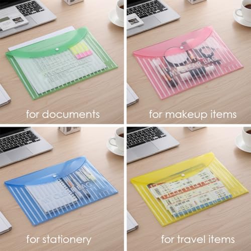 Image of Shuban Document File Folders with Snap Button Closure, Waterproof Plastic Envelope Pouches for Letter /A4 Size Paper, Assorted Transparent Colors (Style-1- Lining Print Folder-5Pcs-Mix Color)