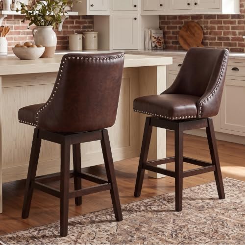 Butacos Altura Barra Set de 2, Butacos Giratorios Modernos de Media Centuria con Espalda y Patas de Madera, Tapizados en Poliuretano para Bar en Casa/Comedor/Restaurante, Color Chocolate miniatura 3