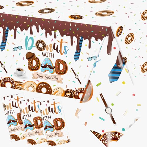 MUXJEQA 3Pcs Fathers Day Tablecloths - Donuts with Dad Decorations Brown Donuts Best Dad Ever Plastic Table Covers for Happy Fathers Day Table Decoration