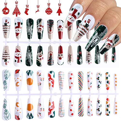 48 Pieces Christmas Fake Nails Long Coffin Press On Nails, Painted Artificial Fingernails Christmas Full Cover False Nail Kits 12 Sizes Decor Nail for Women Girls Kids